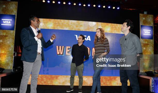 Avin Arumugam performs with Gil Ozeri, Lauren Lapkus and Ben Schwartz during the Visa ID Intelligence launch party at Money 20/20 on October 23, 2017...