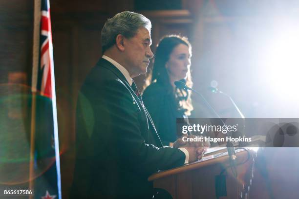 Prime Minister-designate Jacinda Ardern and NZ First leader Winston Peters speak to media during a coalition agreement signing at Parliament on...