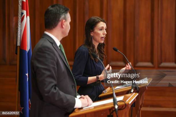 Prime Minister-designate Jacinda Ardern and Green Party leader James Shaw speak to media during a confidence and supply agreement signing at...