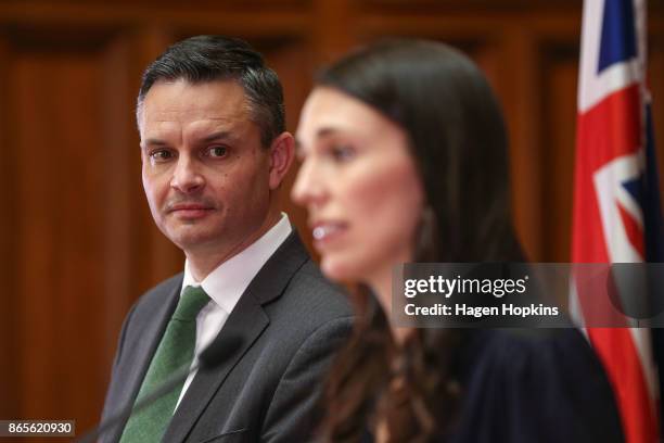 Prime Minister-designate Jacinda Ardern and Green Party leader James Shaw speak to media during a confidence and supply agreement signing at...