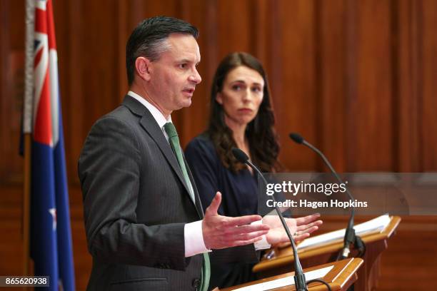 Prime Minister-designate Jacinda Ardern and Green Party leader James Shaw speak to media during a confidence and supply agreement signing at...