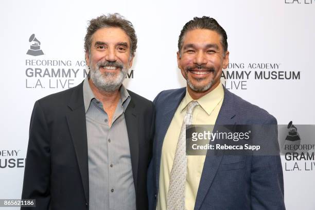 Executive Director of the GRAMMY Museum, Chuck Lorre and David Zavala, Band Director at Robert Fulton College Preparatory School attend GRAMMY...