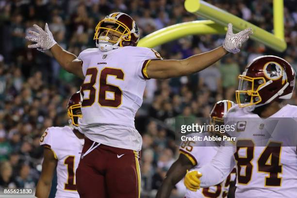 Jordan Reed of the Washington Redskins celebrates his touchdown against the Philadelphia Eagles in the third quarter of the game at Lincoln Financial...