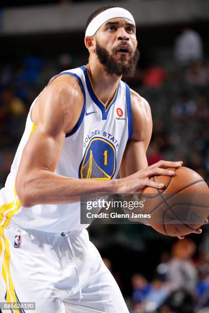 JaVale McGee of the Golden State Warriors shoots the ball against the Dallas Mavericks on October 23, 2017 at the American Airlines Center in Dallas,...