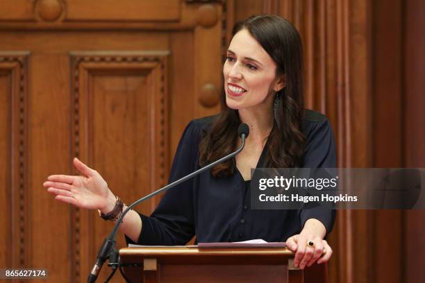 Prime Minister-designate Jacinda Ardern speaks to media during a confidence and supply agreement signing at Parliament on October 24, 2017 in...