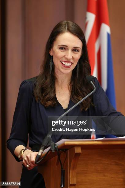 Prime Minister-designate Jacinda Ardern speaks to media during a confidence and supply agreement signing at Parliament on October 24, 2017 in...