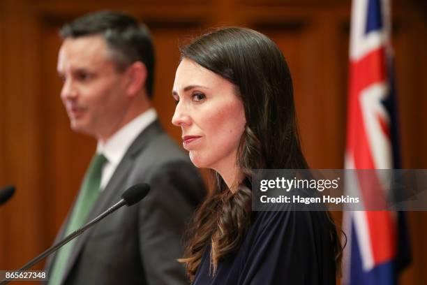 Prime Minister-designate Jacinda Ardern and Green Party leader James Shaw speak to media during a confidence and supply agreement signing at...