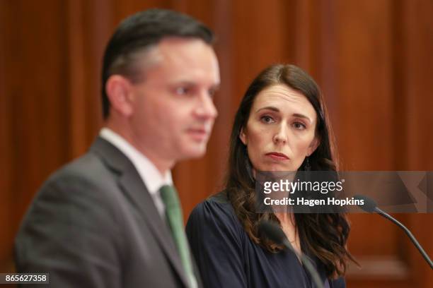 Prime Minister-designate Jacinda Ardern and Green Party leader James Shaw speak to media during a confidence and supply agreement signing at...