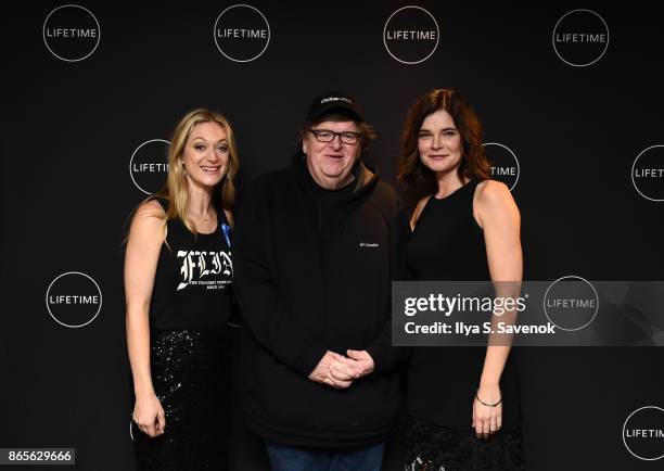 Actress Betsy Brandt, filmmaker Michael Moore and Marin Ireland attend Lifetime and NeueHouse Women's Forum Present FLINT with cast and real life...