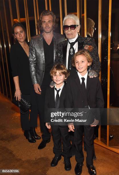 Nicole Kroenig, Brad Kroenig, Karl Lagerfeld, Hudson Kroenig and Jameson Kroenig attend V Magazine's intimate dinner in honor of Karl Lagerfeld at...