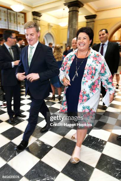 National Party leader Bill English and deputy leader Paula Bennett leave after a post caucus press conference at Parliament on October 24, 2017 in...