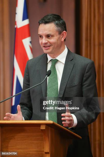 Green Party leader James Shaw speaks to media during a confidence and supply agreement signing at Parliament on October 24, 2017 in Wellington, New...