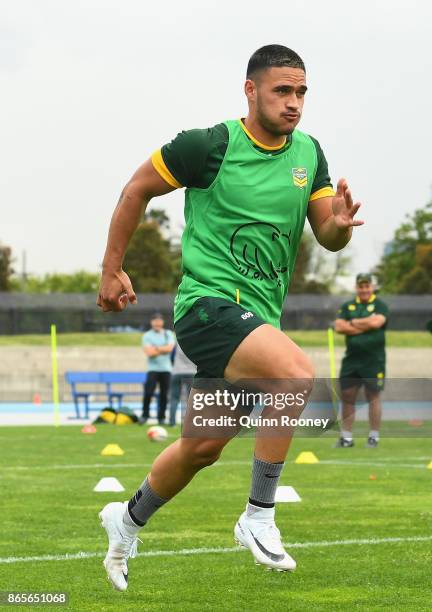 Valentine Holmes of Australia does run throughs during an Australian Kangaroos training session at Lakeside Stadium on October 24, 2017 in Melbourne,...