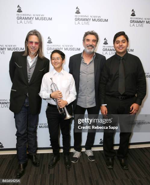 Scott Goldman, Executive Director of the GRAMMY Museum and Chuck Lorre with band students from Robert Fulton College Preparatory School at GRAMMY...