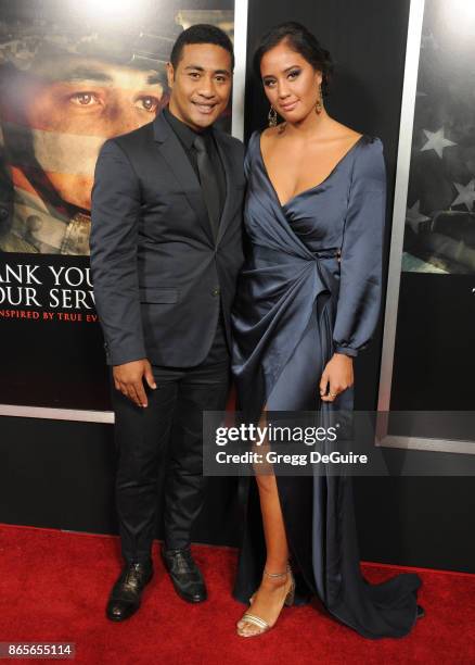 Beulah Koale and Georgia Otene arrive at the premiere of DreamWorks Pictures and Universal Pictures' "Thank You For Your Service" at Regal LA Live...