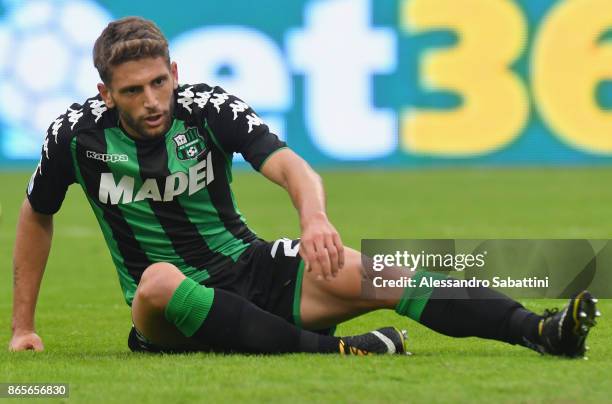 Domenico Berardi of US Sassuolo reacts during the Serie A match betweenSpal and US Sassuolo at Stadio Paolo Mazza on October 22, 2017 in Ferrara,...