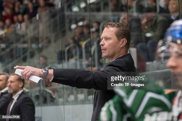 Head coach Mike Stewart of Augsburger Panther gestures during the DEL match between Augsburger Panther and Adler Mannheim on October 15, 2017 in...