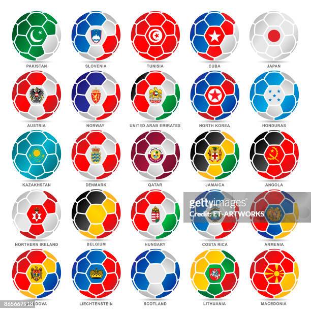illustrazioni stock, clip art, cartoni animati e icone di tendenza di 25 bandiere del mondo sui palloni da calcio - cup jamaica v costa rica