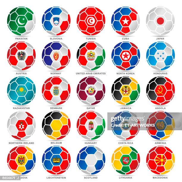 ilustrações, clipart, desenhos animados e ícones de 25 bandeiras do mundo em bolas de futebol - hungary vs belgium