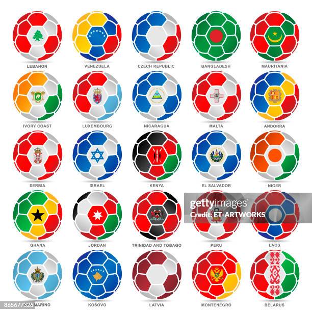 bildbanksillustrationer, clip art samt tecknat material och ikoner med 25 flaggor av världen på fotbollar - elfenbenskusten