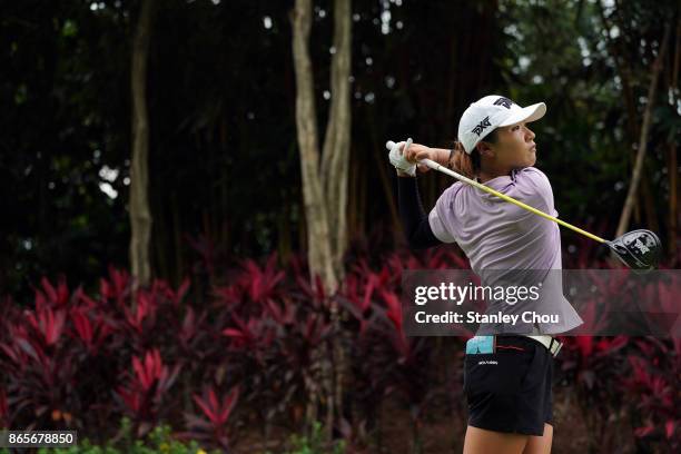 Lydia Ko of New Zealand play a shot on the 16th hole during the Sime Darby LPGA Malaysia Official Practice on October 24, 2017 in Kuala Lumpur,...