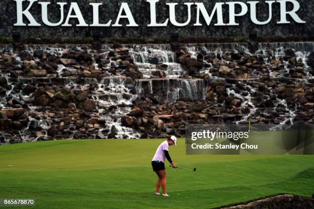 Lydia Ko of New Zealand plays a shot on the 15th hole during the Sime Darby LPGA Malaysia Official Practice on October 24, 2017 in Kuala Lumpur,...