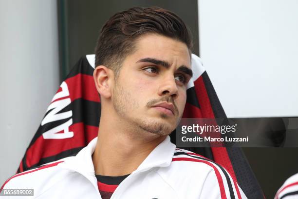 Andre Silva of AC Milan looks on before the Serie A match between AC Milan and Genoa CFC at Stadio Giuseppe Meazza on October 22, 2017 in Milan,...