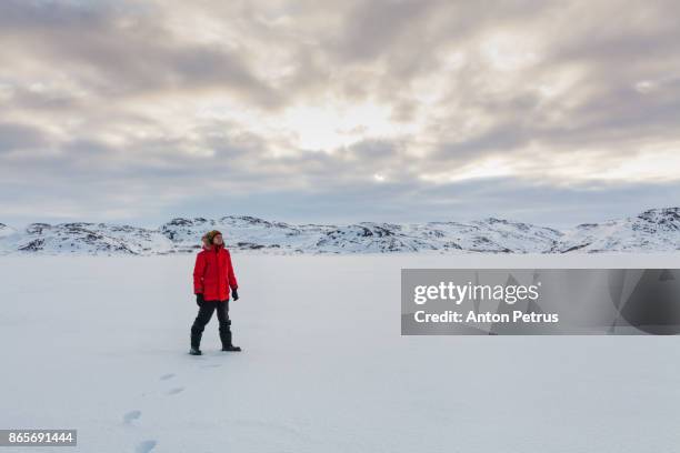 young man in the snowy tundra at sunset - north pole fotografías e imágenes de stock