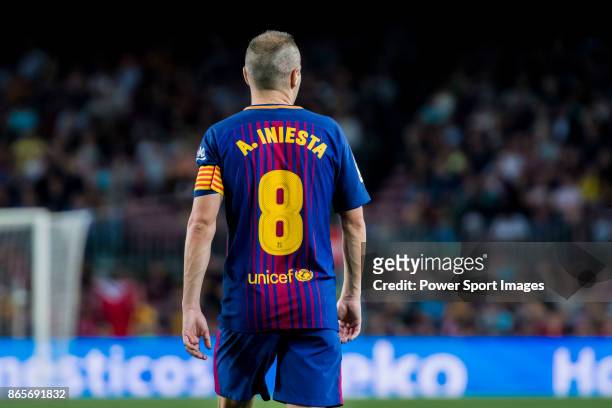 Andres Iniesta Lujan of FC Barcelona reacts during the La Liga 2017-18 match between FC Barcelona and Malaga CF at Camp Nou on 21 October 2017 in...