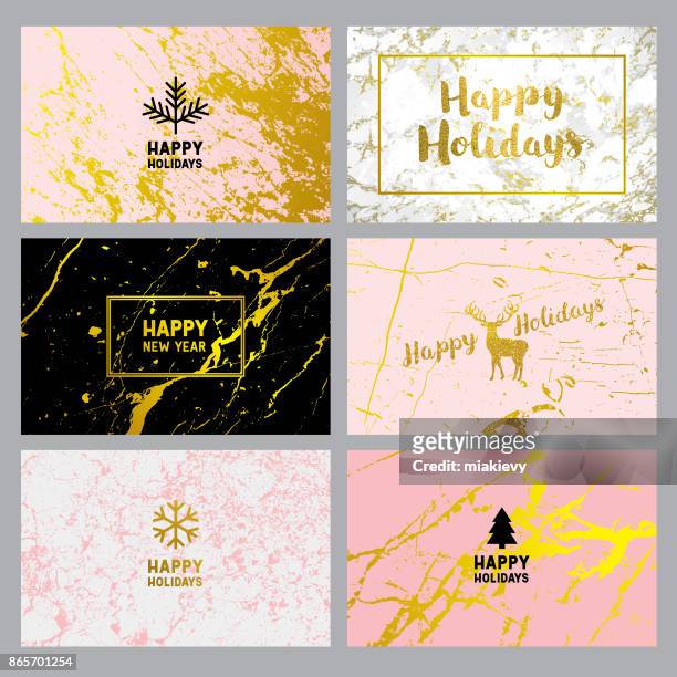 happy holidays cards on marble backgrounds - yule marble stock illustrations
