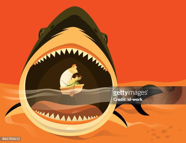 big shark attacking businessman - animal teeth stock illustrations