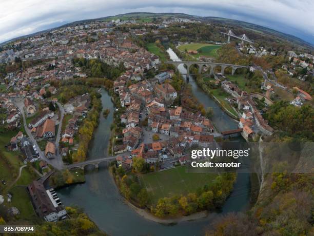 aerial view of fribourg cityscape - fribourg canton stock pictures, royalty-free photos & images