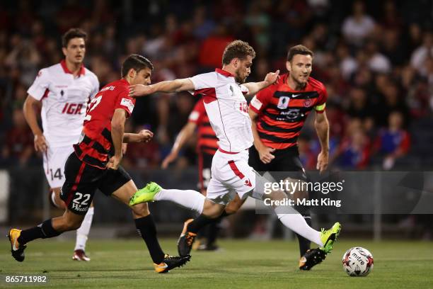 Johan Absalonsen of United scores the first goal during the FFA Cup Semi Final match between the Western Sydney Wanderers and Adelaide United at...