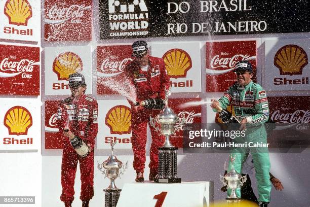 Nigel Mansell, Alain Prost, Mauricio Gugelmin, Grand Prix of Brazil, Jacarepagua, 26 March 1989.