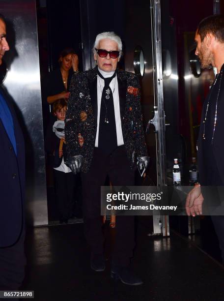 Karl Lagerfeld leaves The Top of the Standard on October 23, 2017 in New York City.