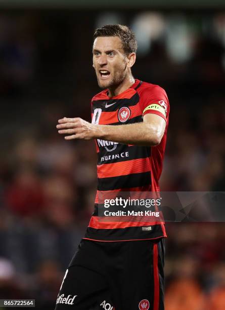 Robbie Cornthwaite captain of the Wanderers shouts to team mates during the FFA Cup Semi Final match between the Western Sydney Wanderers and...