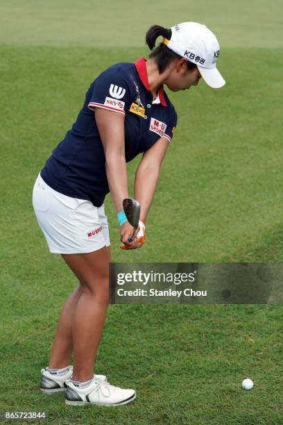 Mi Hyang Lee of South Korea chips on the 9th hole during the Sime Darby LPGA Malaysia Official Practice on October 24, 2017 in Kuala Lumpur, Malaysia.