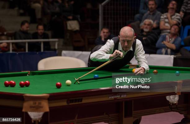 Steve Davis of Great Brittain plays a shot against Mark J. Williams of Wales during the II. Snooker gala on October 23, 2017 in Budapest, Hungary.