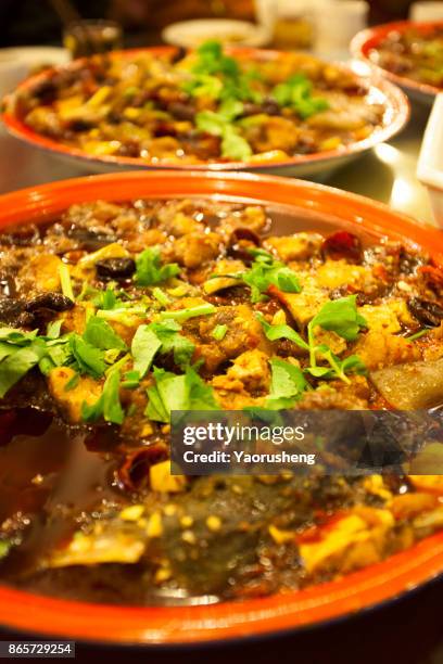 chinese fish dinner at home, these dinner made by fish.it is popular in west china region - spicy fish szechuan stock-fotos und bilder