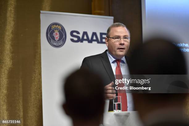 Hakan Buskhe, chief executive officer of Saab AB, speaks during an earnings news conference in Stockholm, Sweden, on Tuesday. Oct. 24, 2017....