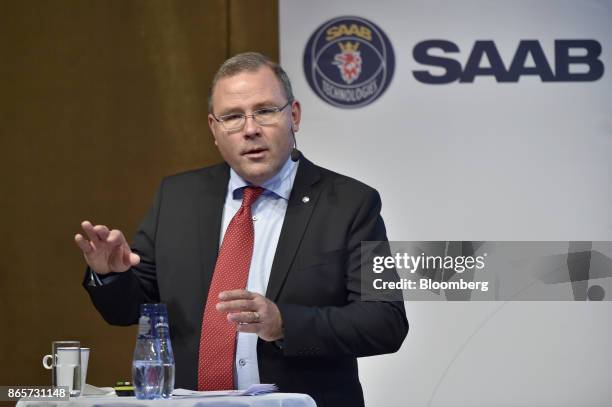 Hakan Buskhe, chief executive officer of Saab AB, gestures while speaking during an earnings news conference in Stockholm, Sweden, on Tuesday. Oct....