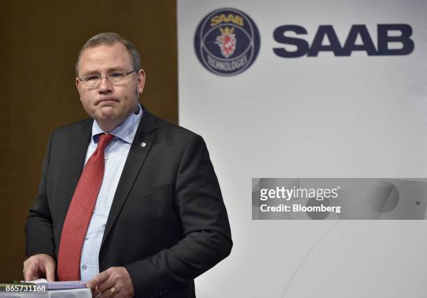 Hakan Buskhe, chief executive officer of Saab AB, pauses during an earnings news conference in Stockholm, Sweden, on Tuesday. Oct. 24, 2017....