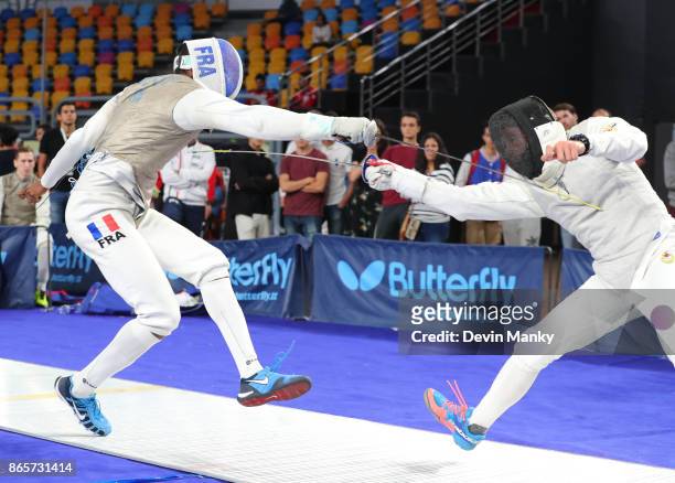 Enzo Lefort of France fences Timur Arslanov of Russia during semi-final action in the team competition of the Pharoah's Challenge Men's Foil Fencing...