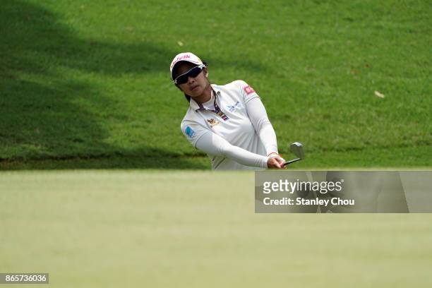 Pornanong Phatlum of Thailand plays on the 1st hole during the Sime Darby LPGA Malaysia Official Practice on October 24, 2017 in Kuala Lumpur,...