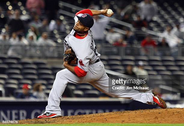Ramon Ramirez of the Boston Red Sox pitches against the New York Yankees on May 4, 2009 at Yankee Stadium in the Bronx borough of New York City. The...