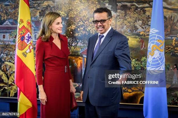 World Health Organization Director General Ethiopia's Tedros Adhanom Ghebreyesus welcomes Queen Letizia of Spain during her visit at the WHO...