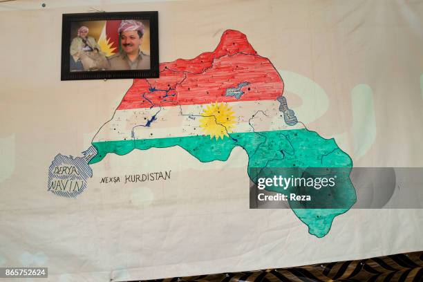 Map of the Regional Government of Iraqi Kurdistan inside the Kawergosk Refugee Camp. Located north of Erbil, this refugee camp was created in August...