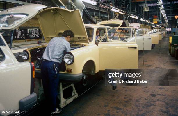 Six months after the fall of the Berlin Wall, the last Trabant cars come off the factory production line, on 1st June 1990, in Zwickau, eastern...