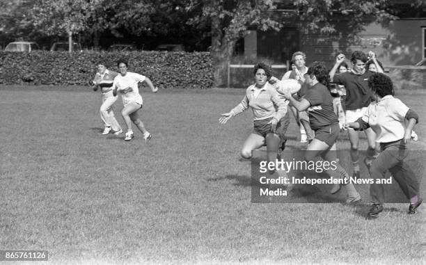 Women's rugby team the Rio Grande Surfers during a training session in College Park, circa October 1983. .