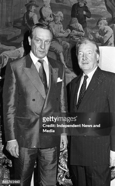 Taoiseach Charles Haughey with Prime Minister of Finland Harri Holkeri at Dublin Castle, circa April 1990. .